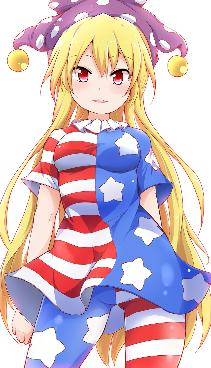 absurdres american_flag_dress american_flag_legwear arms_at_sides ass_visible_through_thighs blonde_hair blush breasts clownpiece cowboy_shot dress hat highres hiro_(pqtks113) jester_cap long_hair looking_at_viewer medium_breasts neck_ruff pantyhose parted_lips polka_dot red_eyes short_dress short_sleeves simple_background smile solo standing star star_print striped striped_legwear touhou very_long_hair white_background