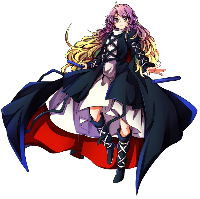 baba_(baba_seimaijo) blonde_hair boots cape commentary_request dress full_body gradient_hair highres hijiri_byakuren layered_dress long_hair long_sleeves multicolored_hair puffy_sleeves purple_hair smile solo tachi-e touhou transparent_background turtleneck two-tone_hair wavy_hair yellow_eyes