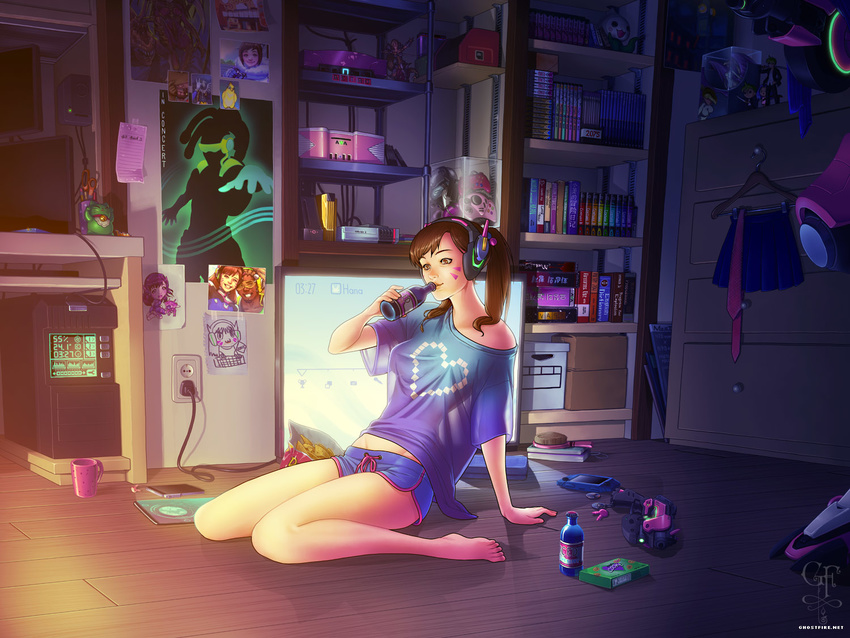 :d alternate_hairstyle arm_support bare_shoulders barefoot black-framed_eyewear blue_coat blue_gloves blue_shirt blue_skirt bodysuit book bookshelf bottle box breasts brown_eyes brown_hair cable cellphone charm_(object) chips coat computer controller cup d.va_(gremlin) d.va_(overwatch) dark_skin dark_skinned_male doritos drinking eyewear_removed facepaint facial_mark figure food fur-trimmed_coat fur_jacket fur_trim game_console game_controller gamepad ganymede_(overwatch) glass_bottle glasses gloves goggles grin groin gun hair_brush hairlocs handgun handheld_game_console headphones heart heart_print holding holding_bottle holding_eyewear indoors julia_lichty leaning_back lips long_hair lucio_(overwatch) mccree_(overwatch) medium_breasts mei_(overwatch) mercy_(overwatch) necktie off_shoulder open_mouth overwatch pencil pencil_case phone photo_(object) pink_lips pink_neckwear pleated_skirt plug pose poster_(object) scissors see-through shirt short_shorts short_sleeves shorts sidelocks signature sitting skirt smartphone smile solo spread_wings stuffed_animal stuffed_octopus stuffed_toy twintails v visor wardrobe wariza watermark weapon web_address whisker_markings wings