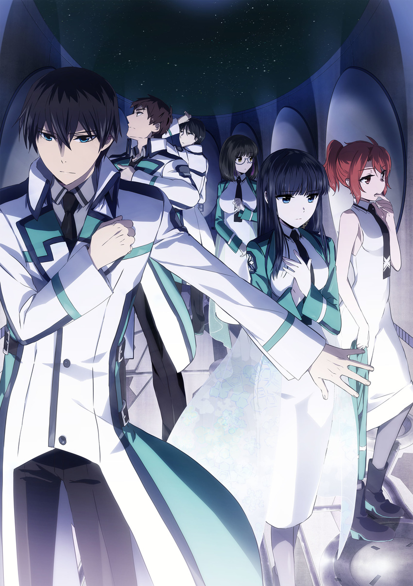 3girls absurdres black_hair black_neckwear blush brown_hair chiba_erika glasses hair_between_eyes highres long_hair mahouka_koukou_no_rettousei multiple_boys multiple_girls necktie saijou_leonhart shiba_miyuki shiba_tatsuya shibata_mizuki short_hair short_ponytail uniform yoshida_mikihiko