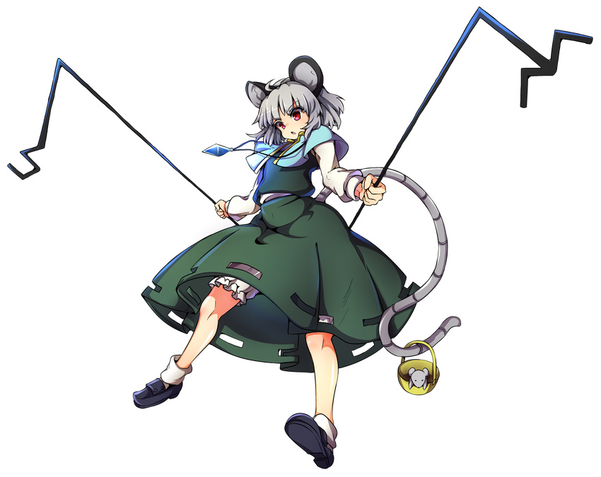 :o absurdres animal_ears baba_(baba_seimaijo) basket bloomers capelet commentary_request dowsing_rod full_body green_shirt green_skirt grey_hair highres jewelry long_sleeves mouse mouse_ears mouse_tail nazrin pendant red_eyes shirt skirt skirt_set solo tachi-e tail touhou transparent_background tsurime underwear