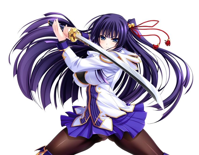 amasaka_takashi bangs bell breasts detached_sleeves fighting_stance hair_bell hair_ornament holding holding_weapon large_breasts long_hair official_art panties panties_under_pantyhose pantyhose pleated_skirt skirt solo sword thighhighs toujou_amane transparent_background underwear uniform unionism_quartet very_long_hair weapon