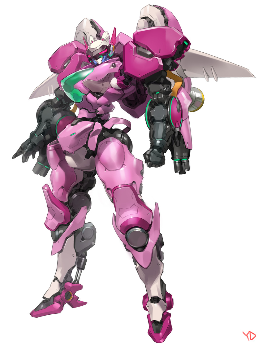 arm_cannon artist_name d.va_(overwatch) exhaust full_body gatling_gun gun highres legs_apart mecha meka_(overwatch) no_humans overwatch solo standing thrusters weapon white_background yang-do