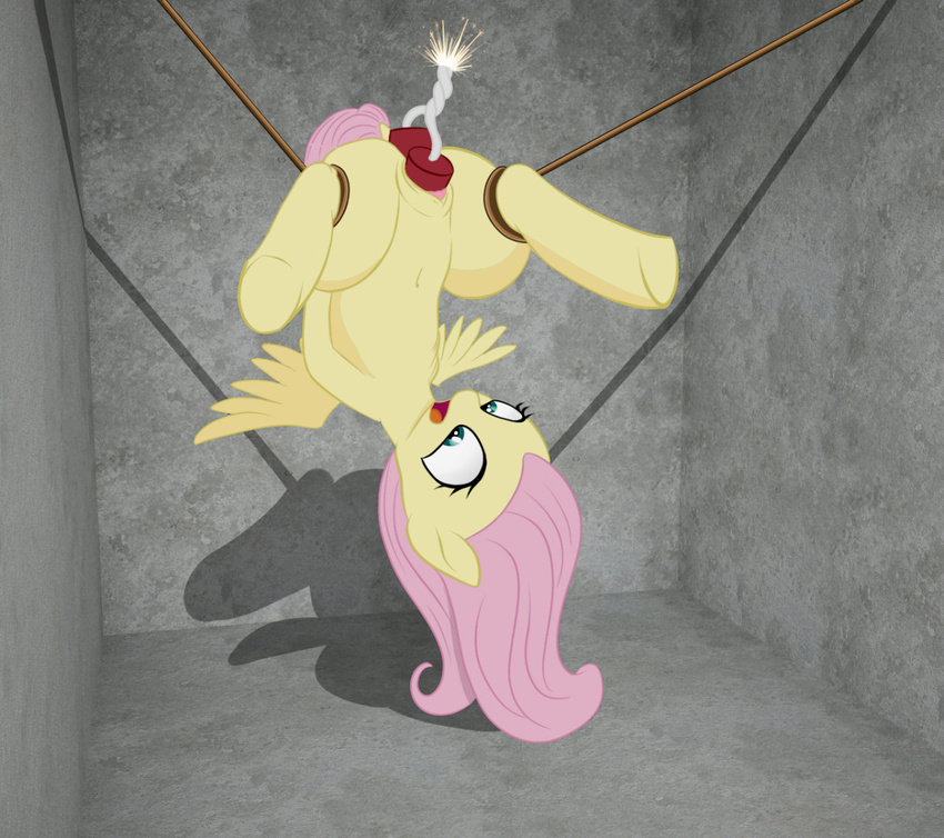 2016 bdsm blue_eyes bondage bound dynamite equine explosives feathered_wings feathers female feral fire fluttershy_(mlp) friendship_is_magic fur hair mammal my_little_pony pegasus pink_hair pussy solo spread_legs spread_wings spreading wings yellow_feathers yellow_fur zippysqrl