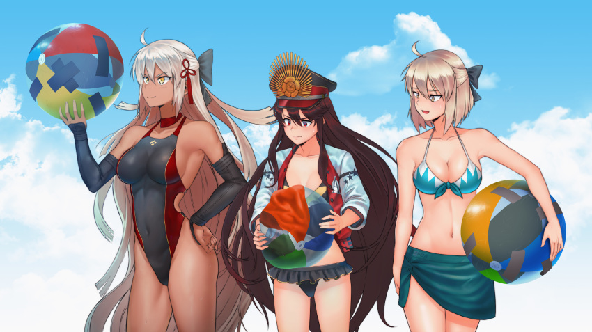 3girls absurdres afba ahoge ball beachball bikini black_bikini black_bow black_hair blonde_hair bow breasts choker closed_mouth competition_swimsuit covered_navel cowboy_shot dark_skin day detached_sleeves fate/grand_order fate_(series) front-tie_bikini front-tie_top hair_between_eyes hair_bow hand_on_hip highres holding holding_ball huge_filesize jacket long_hair long_sleeves looking_at_another looking_up medium_breasts multiple_girls navel oda_nobunaga_(fate) okita_souji_(alter)_(fate) okita_souji_(fate) okita_souji_(fate)_(all) one-piece_swimsuit open_clothes open_jacket open_mouth outdoors red_choker red_eyes sarong short_hair sideboob silver_hair sky smirk swimsuit tassel tied_hair very_long_hair wavy_mouth yellow_eyes