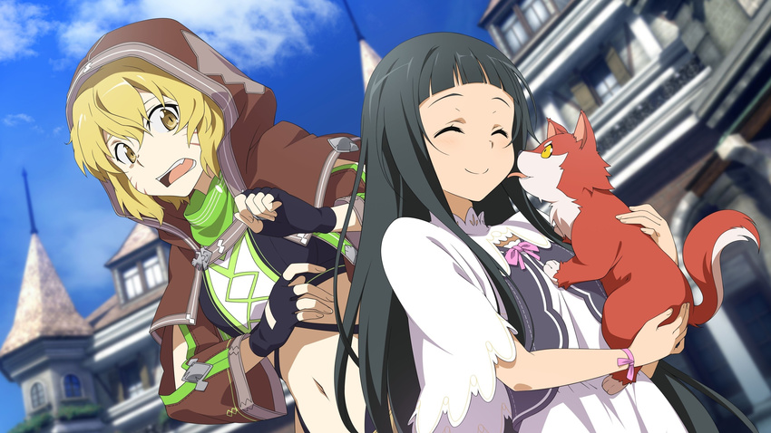 ^_^ absurdres argo_the_rat black_gloves black_hair blonde_hair closed_eyes dog facial_mark fingerless_gloves gloves highres hood long_hair multiple_girls navel open_mouth pink_ribbon ribbon short_hair smile sword_art_online sword_art_online:_hollow_realization whisker_markings yellow_eyes yui_(sao)