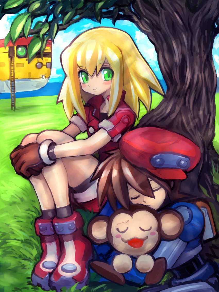 1girl bike_shorts blonde_hair blush breasts cabbie_hat dakusuta data_(rockman_dash) gloves green_eyes hat highres long_hair red_shorts rock_volnutt rockman rockman_dash roll_caskett shorts small_breasts