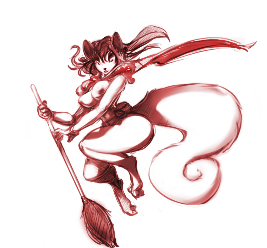 anthro big_breasts breasts broom brown_hair clothed clothing female hair magic_user mammal monochrome nipples rodent sketch solo squirrel topless voluptuous watsup wide_hips witch