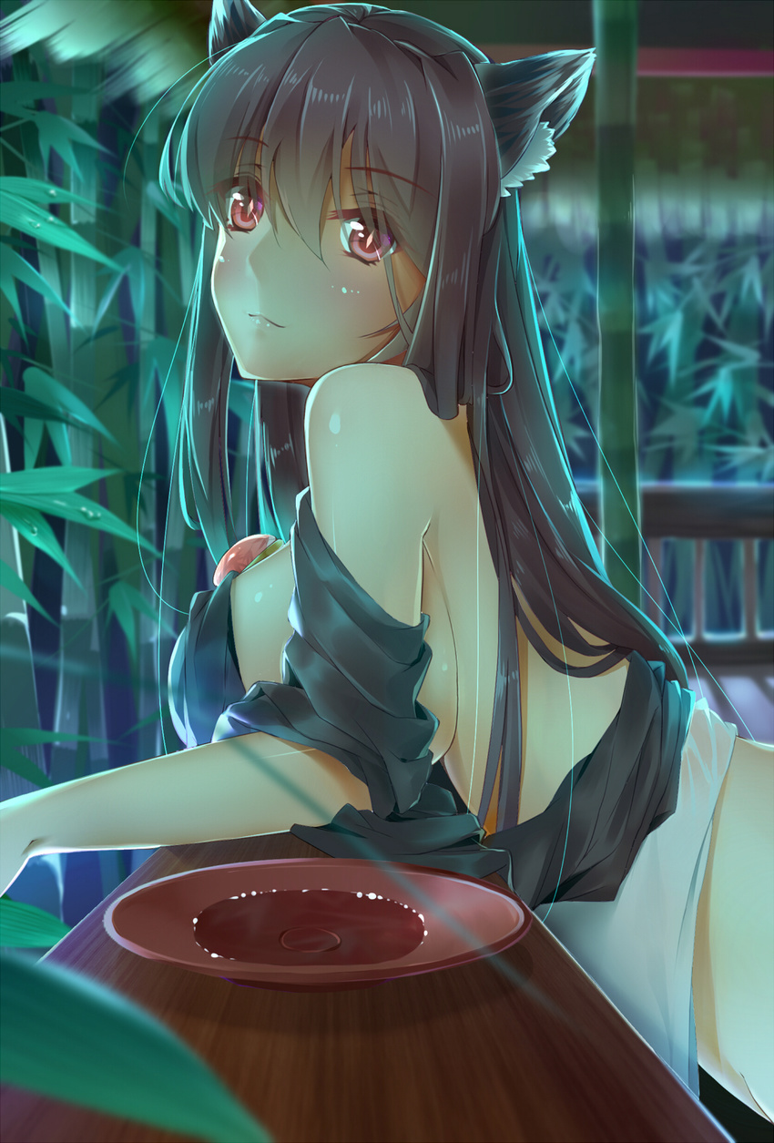 against_railing against_table animal_ears bamboo bamboo_forest bare_shoulders bottomless breast_rest breasts brooch brown_hair cup forest from_side highres huge_breasts imaizumi_kagerou jewelry leaning_forward leaning_on_object light_smile long_hair looking_at_viewer nature red_eyes sakazuki sideboob solo standing touhou wolf_ears xuanlin_jingshuang