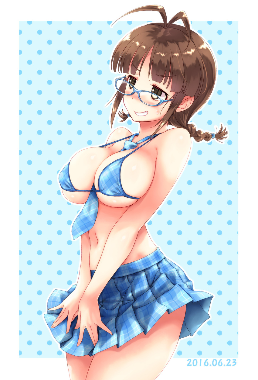 akizuki_ritsuko antenna_hair between_breasts bikini_top blue-framed_eyewear braid breasts brown_eyes brown_hair dated fuyube_rion glasses highres idolmaster idolmaster_(classic) large_breasts midriff navel necktie necktie_between_breasts plaid plaid_skirt pleated_skirt polka_dot polka_dot_background skirt solo sweatdrop twin_braids v_arms