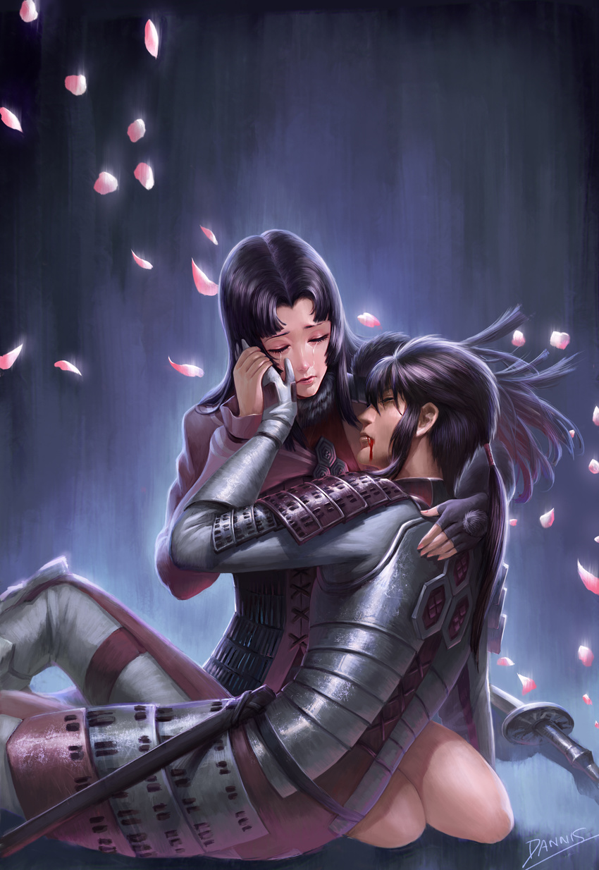 1girl absurdres armor artist_name azai_nagamasa_(sengoku_basara) black_hair bleeding blood blood_from_mouth closed_eyes closed_mouth crying dannis dark_background fingerless_gloves gauntlets gloves hand_on_another's_cheek hand_on_another's_face highres holding holding_hands long_hair nail_polish oichi_(sengoku_basara) petals pink_nails ponytail sengoku_basara short_hair sitting sword tears text_focus weapon