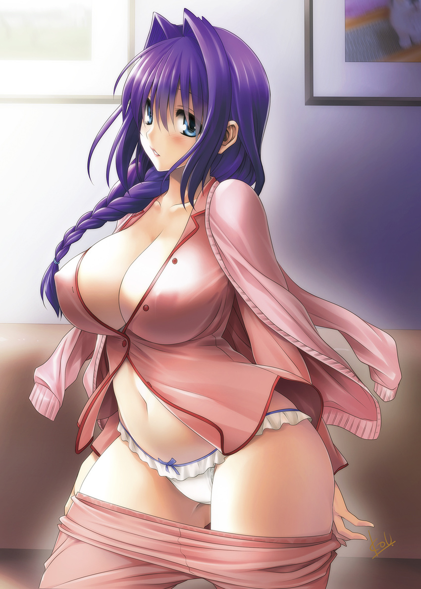 blue_eyes blush bow bow_panties braid breasts cleavage collarbone covered_nipples frilled_panties frills hair_intakes highres jacket_on_shoulders kanon large_breasts lips long_hair looking_at_viewer mature minase_akiko mitarashi_kousei navel pajamas pajamas_pull panties parted_lips purple_hair shiny shiny_hair signature single_braid solo sweater unbuttoned underwear white_panties