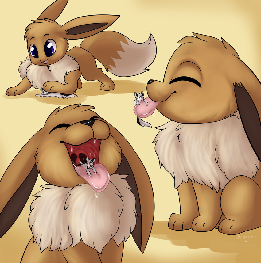 black_nose brown_fur cute duo eevee eyes_closed feral fur grey_fur nintendo pok&eacute;mon rainypaws saliva simple_background smile tongue tongue_out video_games vore