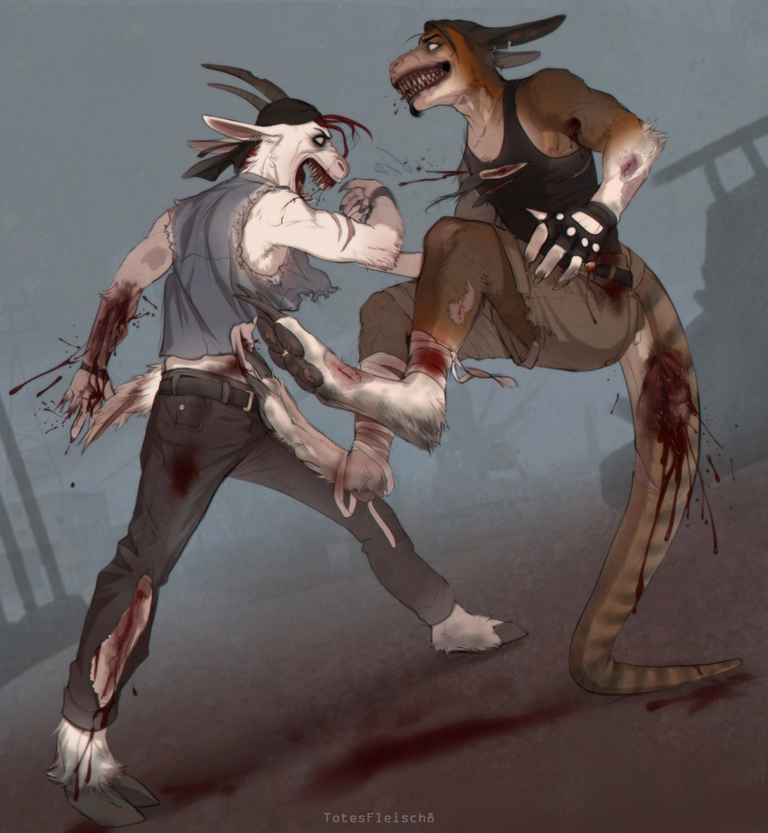 anthro bandanna blood caprine clothed clothing duo goat hi_res horn kangaroo male mammal marsupial open_mouth outside sharp_teeth smile standing teeth torn_clothing totesfleisch8 violence