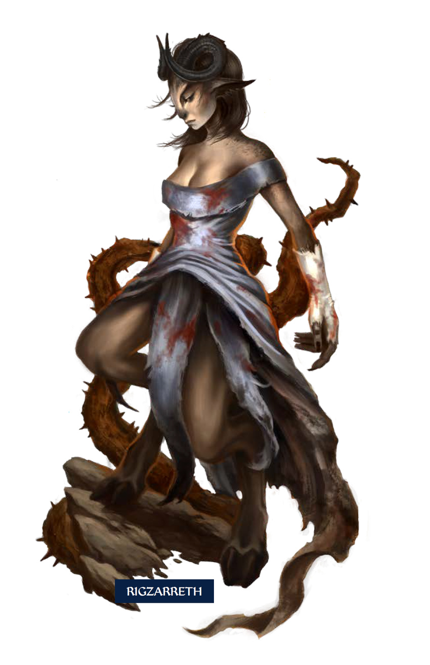 bloodstain breasts cervine cleavage clothed clothing cloven_hooves deer demon dress female forlarren gloves hair hooves horn mammal official_art pathfinder rigzarreth unknown_artist vines