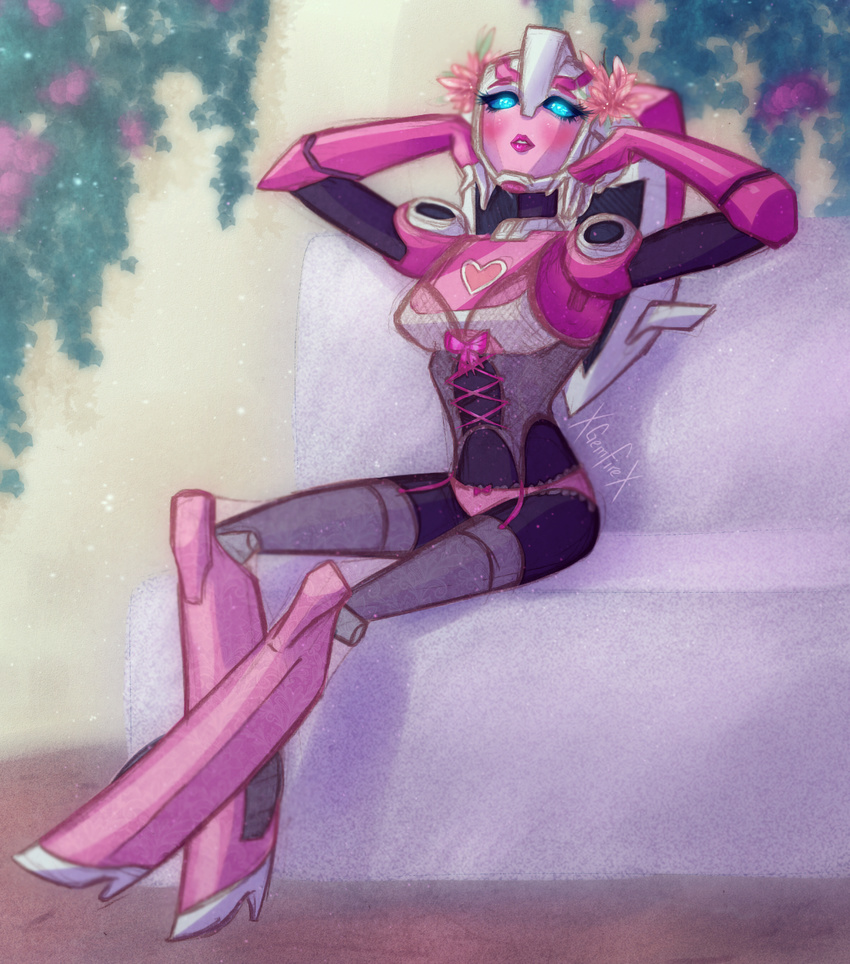 1girl arcee autobot blue_eyes blush corset hair_flowers high_heels lingerie lipstick mecha_girl no_humans solo thighhighs transformers transformers_animated underwear