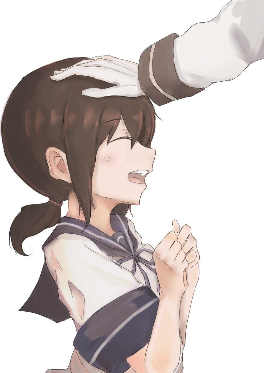 :d absurdres blue_ribbon blush brown_hair eyebrows eyebrows_visible_through_hair fubuki_(kantai_collection) gloves hair_tie hand_on_another's_head highres kantai_collection long_sleeves low_ponytail open_mouth profile ranf ribbon school_uniform serafuku short_hair short_sleeves simple_background sleeve_cuffs smile solo_focus teeth upper_body white_background white_gloves