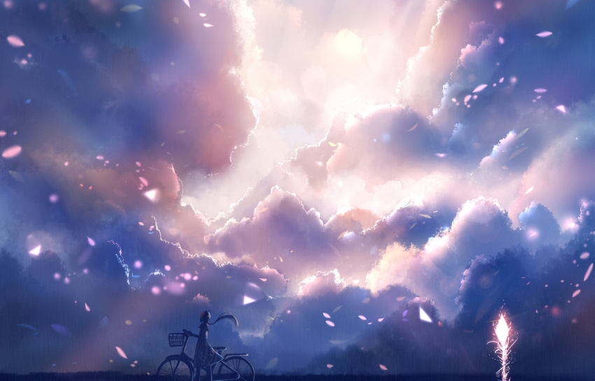 backlighting bicycle cloud ground_vehicle long_hair original petals sakimori_(hououbds)