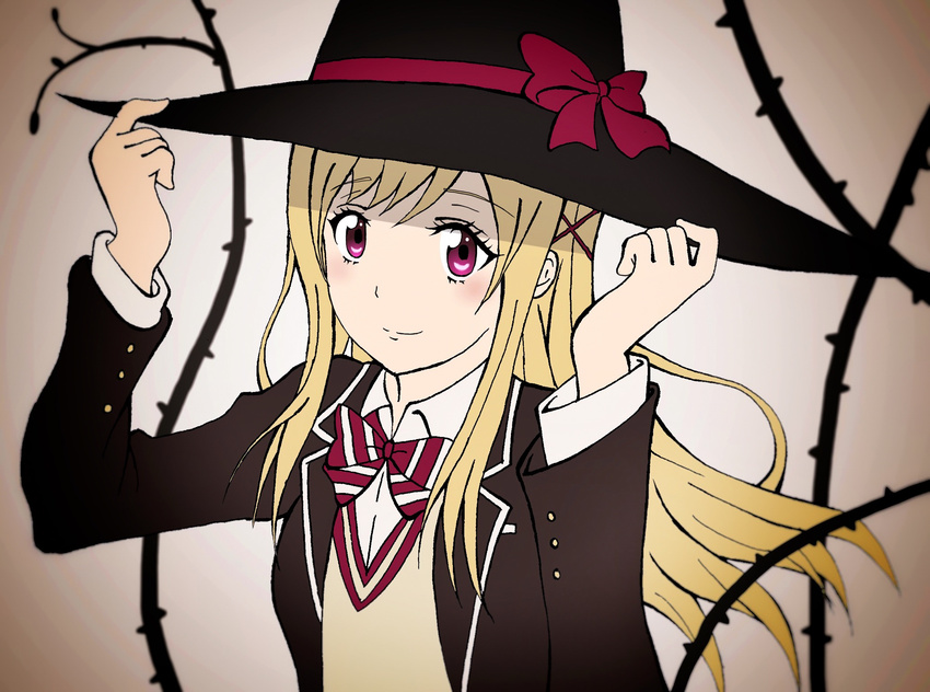 blonde_hair hair_ornament hat highres long_hair purple_eyes shiraishi_urara solo ume-chan_(artist) witch_hat x_hair_ornament yamada-kun_to_7-nin_no_majo