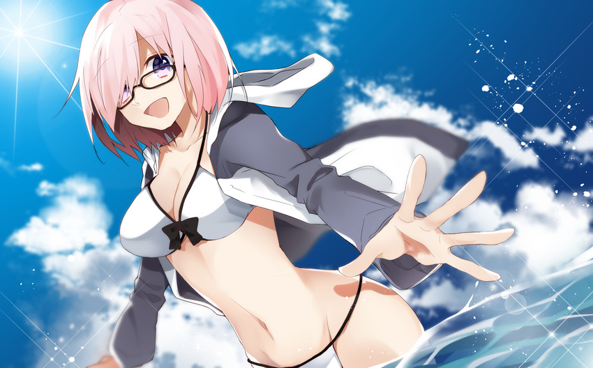 :d bikini black-framed_eyewear breasts fate/grand_order fate_(series) glasses hair_over_one_eye highres jacket looking_at_viewer mash_kyrielight medium_breasts navel nk open_mouth pink_hair purple_eyes sho smile solo swimsuit wading water white_bikini