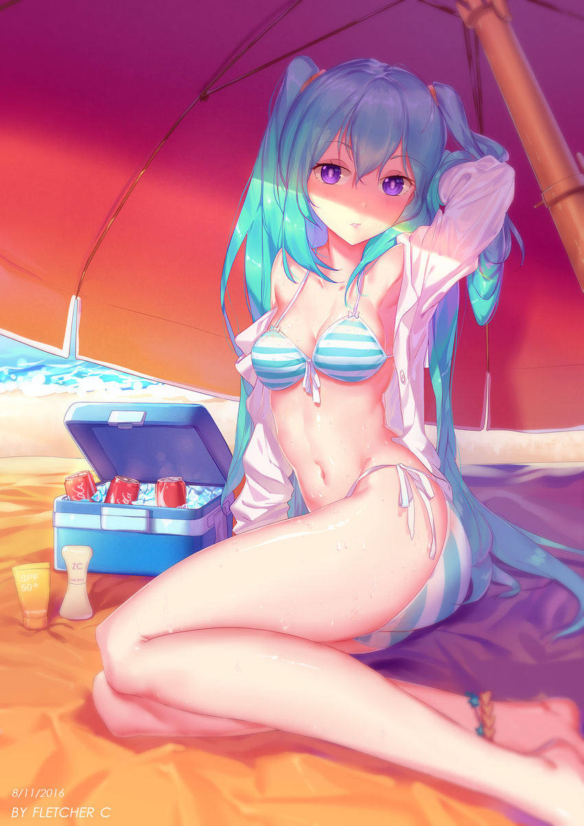 2016 alternate_eye_color anklet aqua_hair arm_behind_head arm_support arm_up armpits artist_name bangs barefoot beach beach_towel beach_umbrella bikini bikini_under_clothes blurry breasts can coca-cola cooler dated depth_of_field expressionless front-tie_bikini front-tie_top hatsune_miku highres ice jewelry long_hair long_sleeves looking_at_viewer lotion_bottle medium_breasts navel on_ground open_clothes open_shirt outdoors purple_eyes ringed_eyes shirt side-tie_bikini sitting soda_can solo striped striped_bikini sweat swimsuit towel twintails umbrella very_long_hair vocaloid white_shirt yimn-fletcher yokozuwari