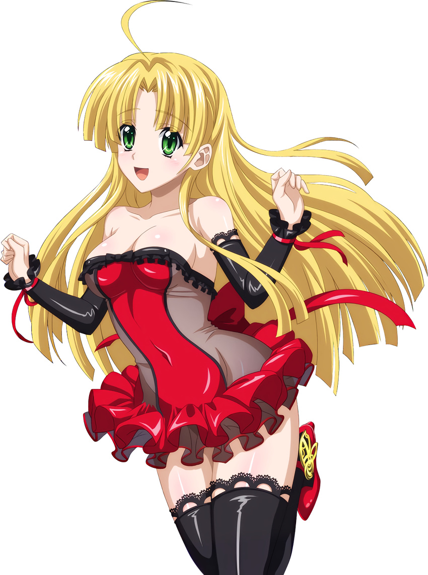 ahoge asia_argento black_legwear blonde_hair breasts cleavage collarbone covered_navel detached_sleeves dress extraction frilled_dress frills green_eyes high_school_dxd highres long_hair medium_breasts open_mouth red_ribbon ribbon see-through solo strapless strapless_dress thighhighs transparent_background