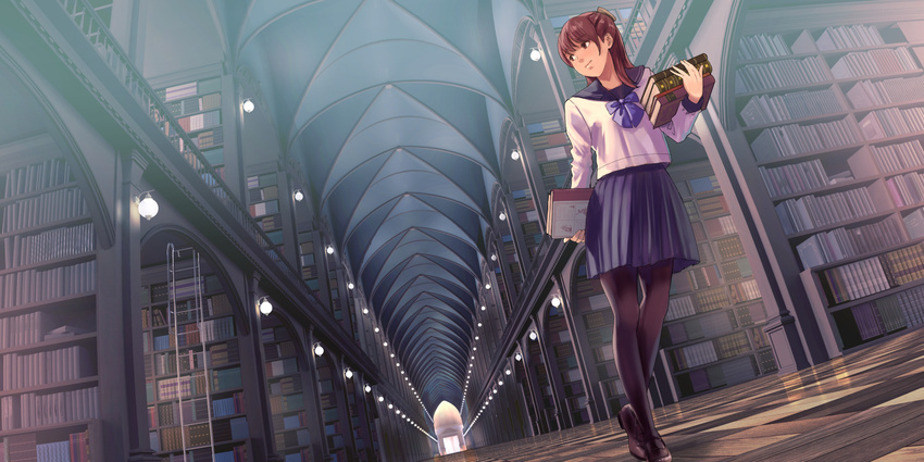 black_legwear book bookshelf brown_eyes brown_hair checkered checkered_floor commentary_request from_below guard_rail hair_ornament hairclip highres holding holding_book ladder library lights loafers long_hair looking_away munakata_(hisahige) original pantyhose school_uniform serafuku shoes smile solo vanishing_point