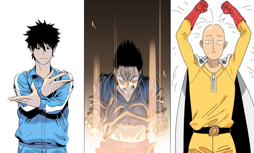 arms_up bald balding belt black_eyes black_hair blue_jacket blue_pants bodysuit cape clenched_teeth cowboy_shot elbow_gloves gloves highres jacket light long_sleeves male_focus multiple_views one-punch_man pants parody red_gloves saitama_(one-punch_man) shaded_face spiked_hair superhero teeth track_suit yellow_bodysuit yeondu