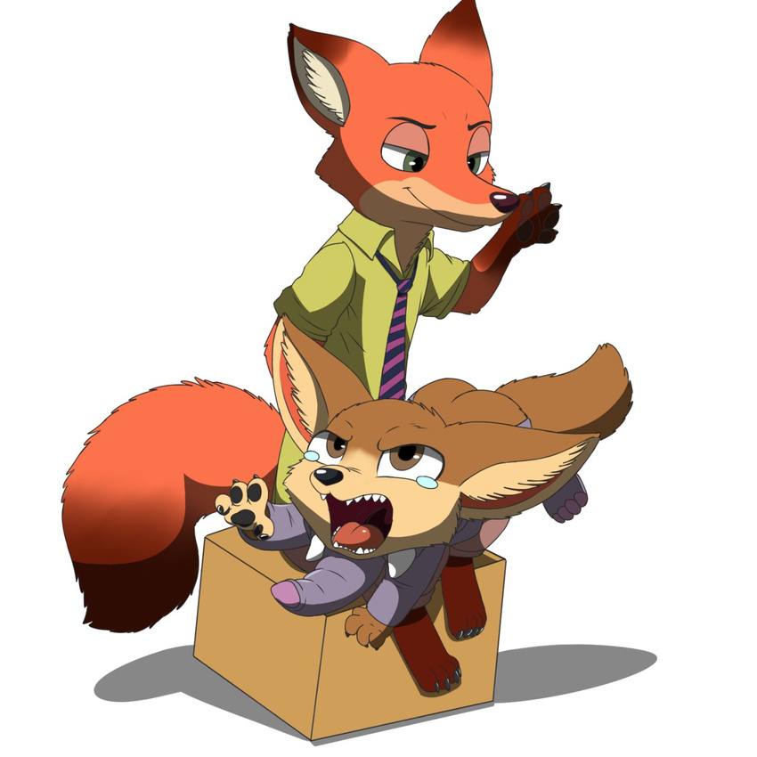 anthro butt canine clothed clothing disney duo fennec finnick fox hi_res male male/male mammal naughty_face necktie nick_wilde open_mouth paws sharp_teeth size_difference smile spanking spanking649 tears teeth zootopia