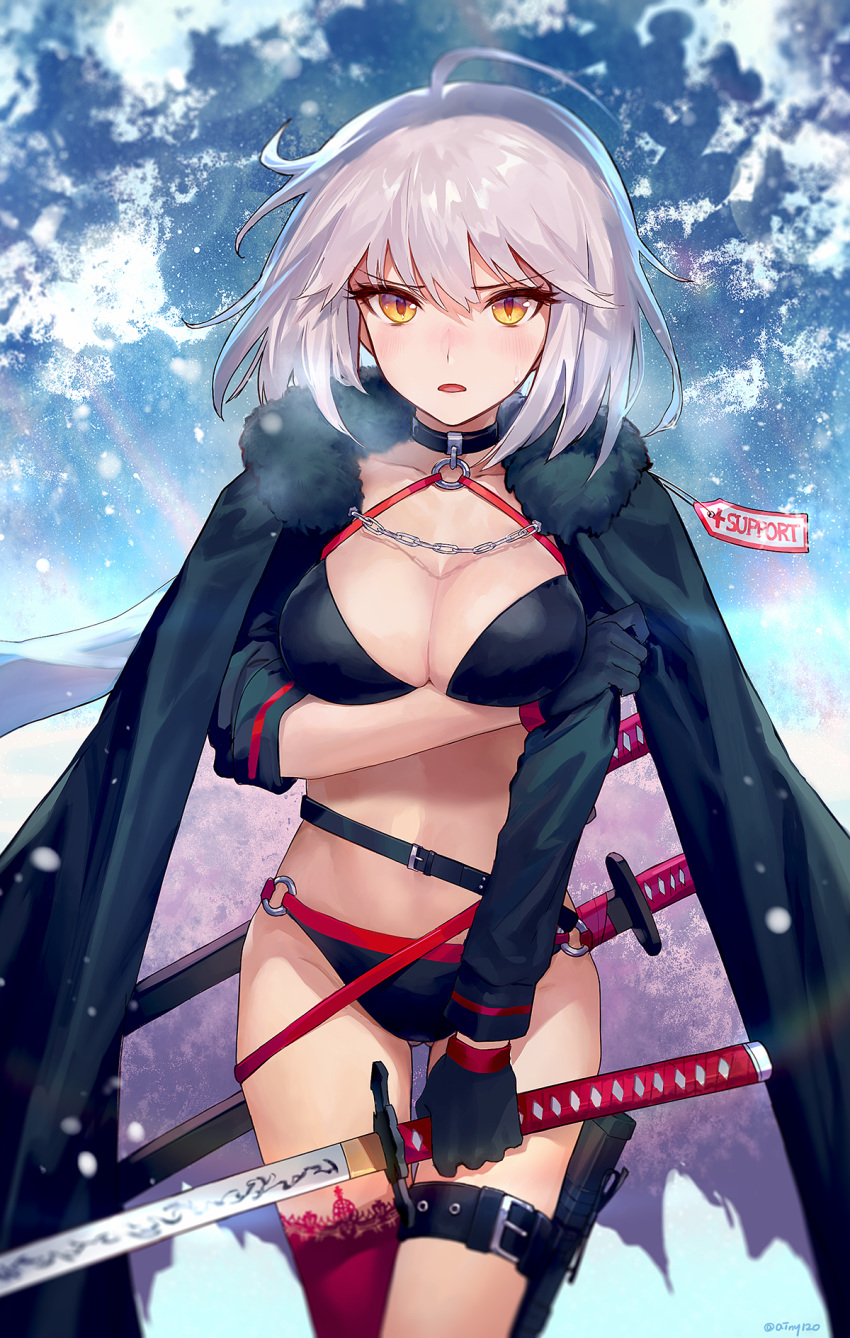 ainy77 bikini breast_hold cleavage fate/grand_order jeanne_d'arc jeanne_d'arc_(alter)_(fate) open_shirt swimsuits sword