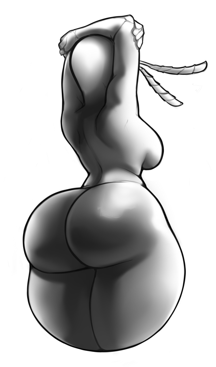 ant antennae anthro armpits arms_above_head arthropod big_breasts big_butt breasts butt conditional_dnp female greyscale huge_butt insect monochrome nude shiny solo thick_thighs xopachi