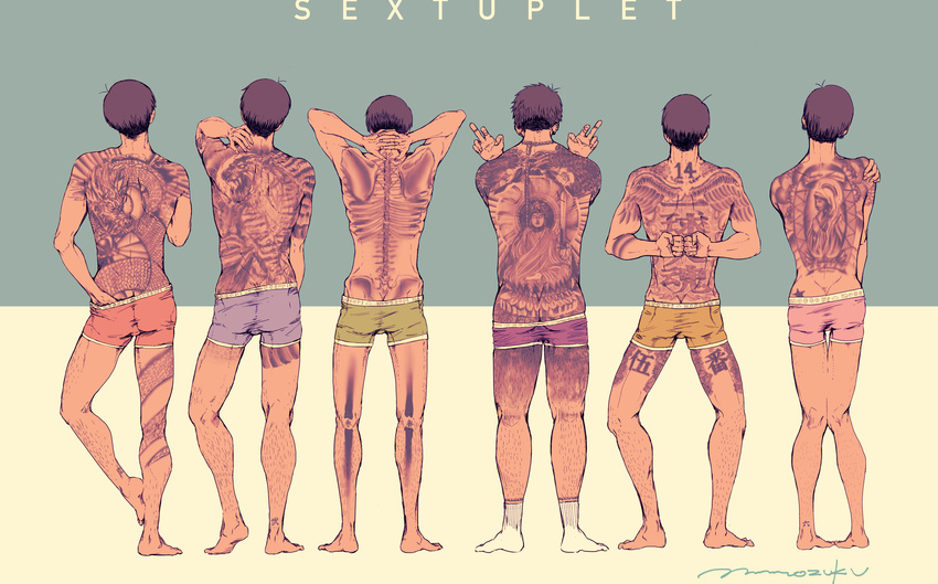 absurdres ahoge animal_print arms_behind_back arms_up barefoot black_hair boxer_briefs brothers buddha clenched_hands contrapposto dragon_print dragon_tattoo from_behind full_body hand_in_underwear hand_on_own_shoulder hands_on_own_neck highres interlocked_fingers irezumi knees_together_feet_apart leg_hair legs_apart lineup male_focus male_underwear matsuno_choromatsu matsuno_ichimatsu matsuno_juushimatsu matsuno_karamatsu matsuno_osomatsu matsuno_todomatsu middle_finger mozuku_(mowaizumi) multiple_boys no_shoes number osomatsu-kun osomatsu-san own_hands_together pigeon-toed scratching scratching_ass scratching_leg sextuplets shirtless siblings signature socks standing tattoo thigh_gap tiger_print two-tone_background underwear underwear_only