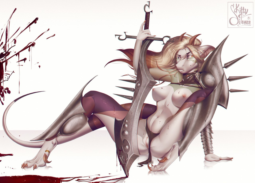 5_fingers anthro armor blonde_hair blood breasts claws dragon female hair horn kitty_silence melee_weapon midriff navel nipples pussy simple_background solo sword weapon white_background wide_hips yellow_eyes