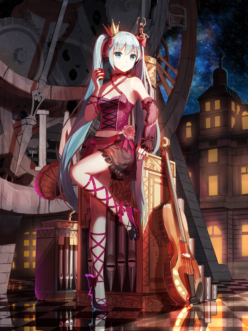 absurdres apple aqua_eyes aqua_hair crown detached_sleeves food fruit hatsune_miku high_heels highres instrument leg_ribbon long_hair midriff mini_crown night phonograph project_diva_(series) red_flowers reflection ribbon romeo_to_cinderella_(vocaloid) solo standing standing_on_one_leg tile_floor tiles twintails very_long_hair vintage_dress_(module) vocaloid