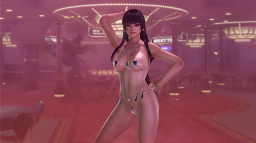 1girl 3d bikini black_hair breasts dead_or_alive dead_or_alive_xtreme_3_fortune female fortune_bikini indoors large_breasts long_hair nyotengu purple_eyes solo swimsuit tengu venus_bikini