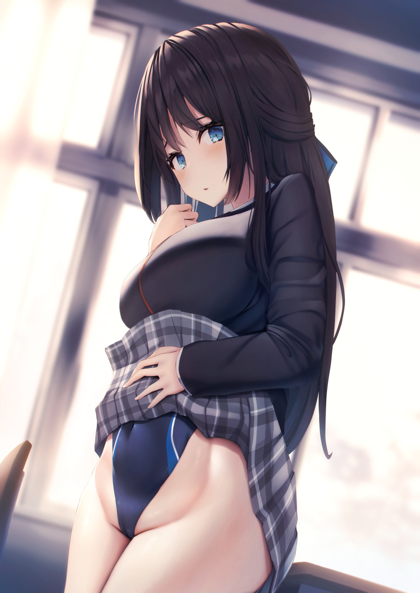 1girl absurdres bangs black_hair black_jacket black_swimsuit blue_eyes blush breasts chair classroom clothes_lift commentary_request competition_swimsuit covered_navel desk grey_skirt hair_ribbon highres jacket large_breasts lifted_by_self liya long_hair looking_at_viewer one-piece_swimsuit original parted_lips plaid plaid_skirt pleated_skirt ribbon school_chair school_desk school_uniform shirt sidelocks skirt skirt_lift solo standing swimsuit swimsuit_under_clothes uniform white_shirt window