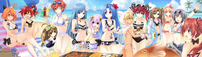 6+girls :o ;d absurdres ahoge animal_hood ass bangle beach beach_chair beach_umbrella bell bikini black_eyes blonde_hair blue_hair boat bottle bow bowl bracelet breasts broccoli_(choujigen_game_neptune) brown_eyes brown_hair cat_hair_ornament cave_(choujigen_game_neptune) child chopsticks cleavage cloud collarbone compa corn cyberconnect2_(choujigen_game_neptune) dark_skin day drink dual_persona earrings eighth_note eyewear_on_head falcom_(choujigen_game_neptune) fish floral_print flower food frilled_bikini frills game_cg goggles goggles_on_head green_eyes grill hair_bell hair_bobbles hair_flower hair_ornament hair_ribbon hairband halterneck heart heart-shaped_eyewear highres holding holding_bottle hood hooded_jacket huge_filesize if_(choujigen_game_neptune) jacket jewelry large_breasts long_hair long_image mages. marvelousaql_(choujigen_game_neptune) meat medium_breasts mole mole_under_eye multicolored_hair multiple_girls mushroom musical_note musical_note-shaped_pupils navel necklace neptune_(choujigen_game_neptune) neptune_(series) official_art one-piece_swimsuit one_eye_closed one_side_up open_mouth orange_eyes orange_hair outstretched_arm palm_tree purple_eyes purple_hair red_(choujigen_game_neptune) red_hair ribbon sailboat sausage school_swimsuit short_hair shorts siblings side-tie_bikini side_ponytail sisters sitting small_breasts smile standing standing_on_one_leg swimsuit symbol-shaped_pupils tail tekken_(choujigen_game_neptune) tongs tray treble_clef tree tsunako twintails two-tone_hair umbrella water watercraft white_hair wide_image younger