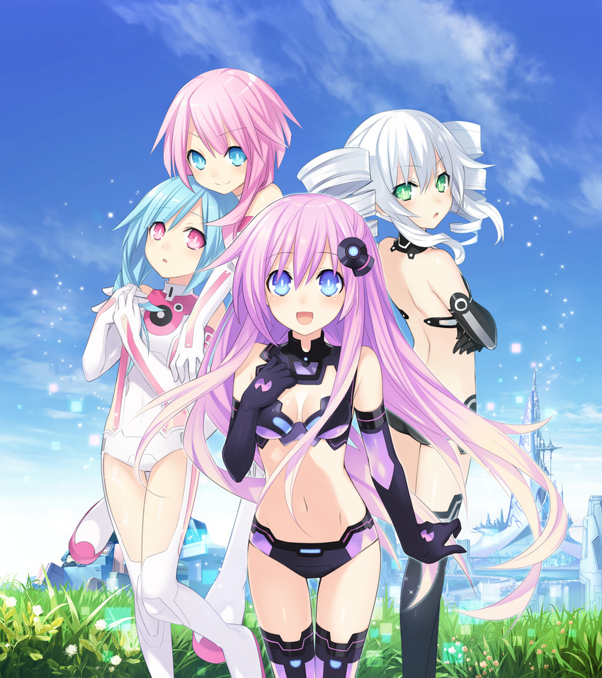 :d :o absurdres back bare_shoulders black_gloves black_sister blue_eyes blue_hair blush boots breasts building bustier choujigen_game_neptune_mk2 cleavage cleavage_cutout cloud day drill_hair elbow_gloves emblem flower gloves gradient_hair grass green_eyes hair_ornament hand_on_own_chest hands_together highres huge_filesize leotard light_particles long_hair looking_at_viewer looking_back medium_breasts midriff multicolored_hair multiple_girls navel nepgear neptune_(series) official_art open_mouth outdoors pink_eyes pink_hair power_symbol purple_hair purple_sister revealing_clothes smile standing symbol-shaped_pupils thigh_gap thighhighs tsunako twin_drills white_gloves white_hair white_sister_ram white_sister_rom