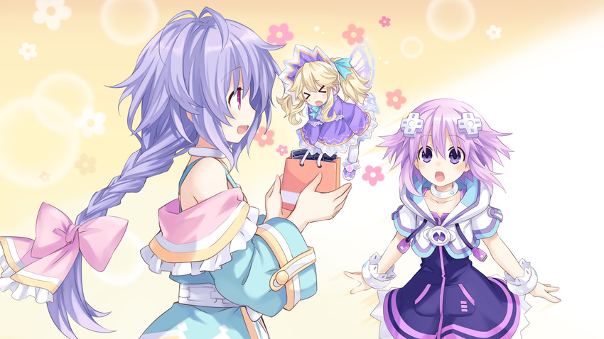 &gt;_&lt; absurdres blonde_hair blush book braid closed_eyes d-pad d-pad_hair_ornament game_cg hair_ornament hat highres histoire long_hair multiple_girls neptune_(choujigen_game_neptune) neptune_(series) official_art open_mouth pink_eyes purple_eyes purple_hair pururut short_hair smile tsunako twintails very_long_hair wings