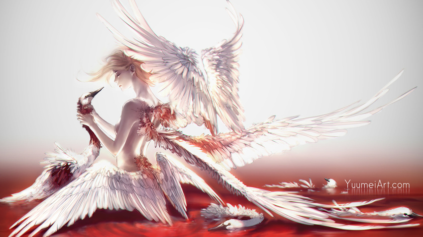 1girl angel bird blonde_hair closed_eyes commentary nude original solo swan watermark web_address wenqing_yan wings