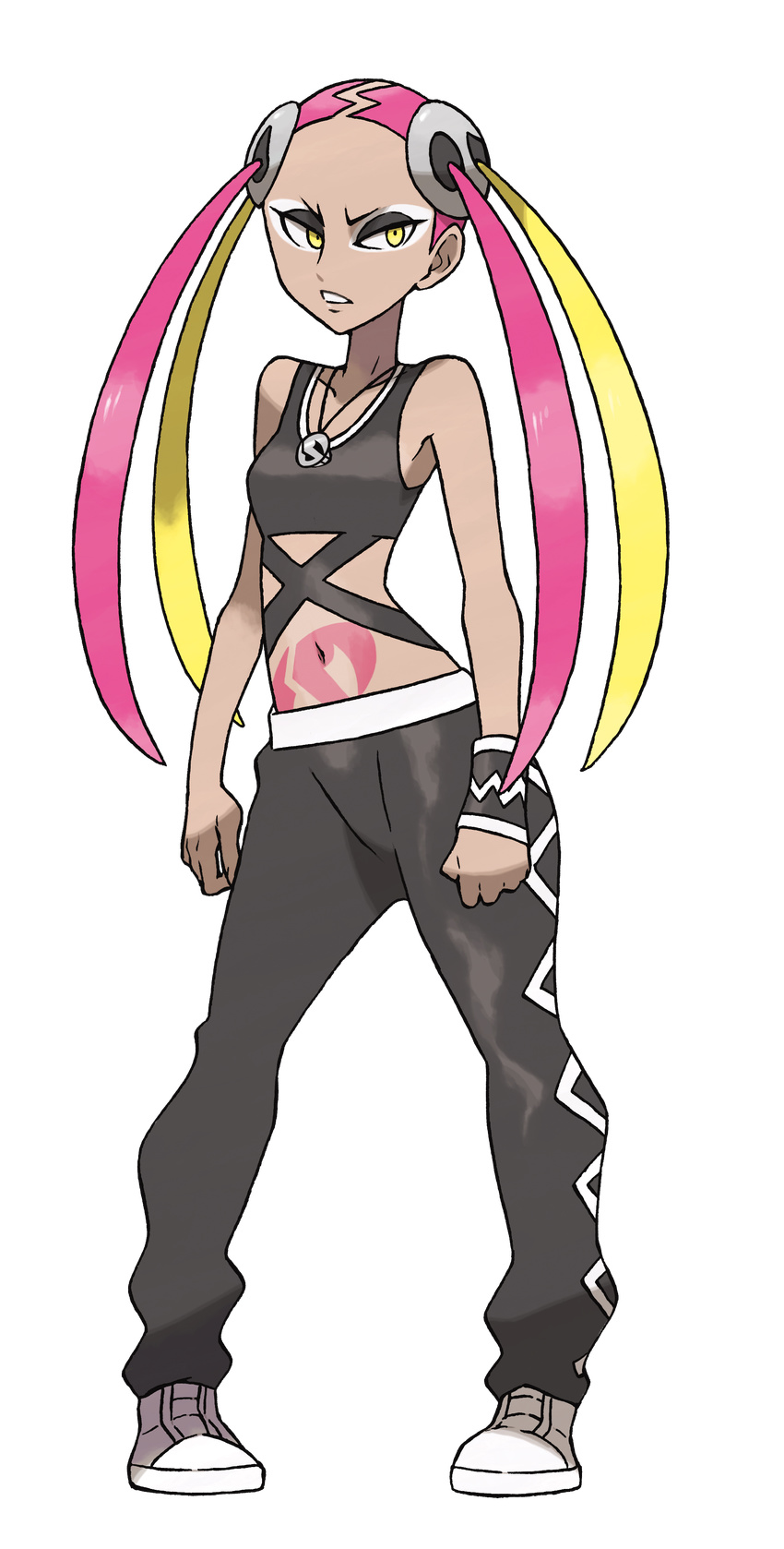 absurdres commentary full_body highres midriff multicolored_hair official_art pink_hair plumeri_(pokemon) pokemon pokemon_(game) pokemon_sm quad_tails solo sugimori_ken tattoo team_skull transparent_background two-tone_hair yellow_eyes