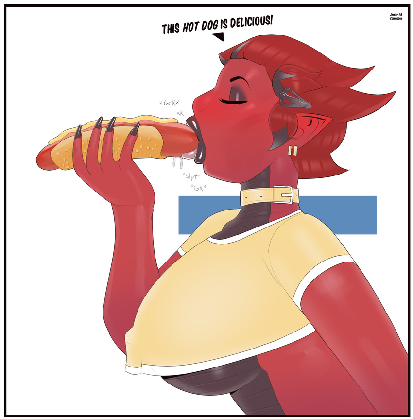 anthro big_breasts blush breasts dragon female food hot_dog james-ab licking scalie tongue tongue_out voluptuous