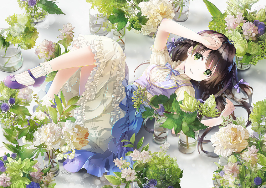 artist_name bangs black_hair bow braid commentary_request dress eyebrows eyebrows_visible_through_hair flower full_body glass green_eyes hair_ribbon hand_on_own_head highres leaf long_hair looking_at_viewer lying naruse_chisato on_back original puffy_short_sleeves puffy_sleeves ribbon shiny shiny_hair short_sleeves smile socks solo striped striped_ribbon tress_ribbon water white_flower