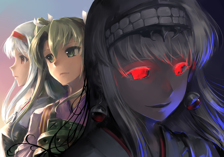 close-up closed_mouth dark_persona dual_persona earrings ebizome green_eyes green_hair hair_ribbon hairband japanese_clothes jewelry kantai_collection kimono long_hair looking_afar multiple_girls muneate no_pupils open_mouth pale_skin profile red_eyes ribbon serious shinkaisei-kan shoukaku_(kantai_collection) silver_hair smile upper_body white_ribbon zuikaku_(kantai_collection)