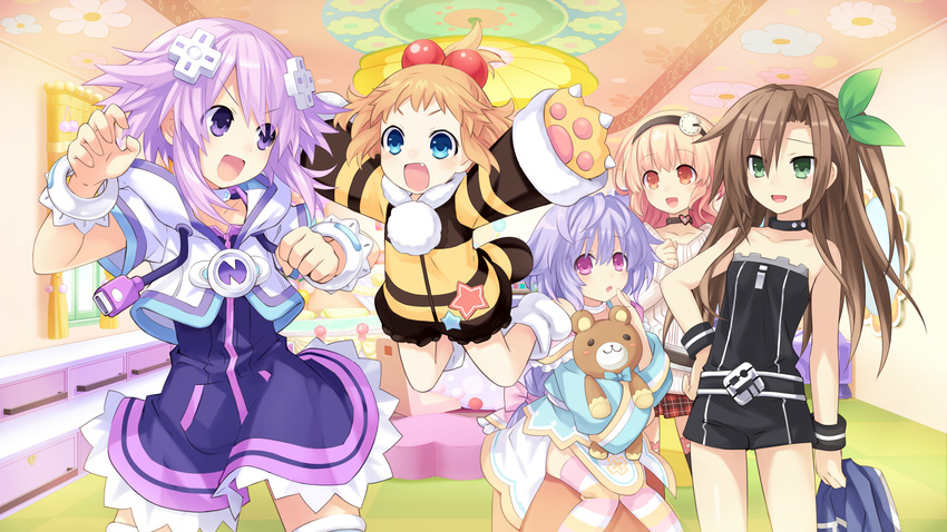 absurdres bare_shoulders blonde_hair bow brown_hair compa d-pad d-pad_hair_ornament fang game_cg gloves green_eyes hair_bow hair_ornament hairband highres if_(choujigen_game_neptune) long_hair looking_at_viewer multiple_girls neptune_(choujigen_game_neptune) neptune_(series) official_art open_mouth paw_gloves paws pish purple_eyes purple_hair pururut short_hair smile stuffed_animal stuffed_toy sweater teddy_bear tsunako very_long_hair