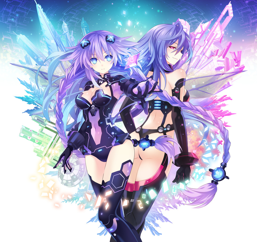 absurdres black_leotard blue_eyes blue_hair braid breasts cleavage elbow_gloves game_cg gloves hair_ornament highres huge_filesize iris_heart leotard long_hair looking_at_viewer medium_breasts multiple_girls neptune_(series) official_art power_symbol purple_hair purple_heart red_eyes smile strapless strapless_leotard symbol-shaped_pupils thong_leotard tsunako twin_braids very_long_hair