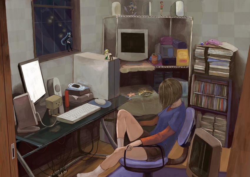 blue_shirt book box brown_hair cable cameo can cardboard_box chair checkered checkered_wall commentary_request computer danboo desk door figure gennoco glass_table handheld_game_console hatsune_miku head_down highres indoors keyboard_(computer) knee_up light long_sleeves monitor mouse_(computer) mousepad_(object) no_shoes office_chair original playstation_portable power_strip shelf shirt short_hair shorts sitting sleeping sleeping_upright soda_can solo speaker star table vocaloid window wooden_floor