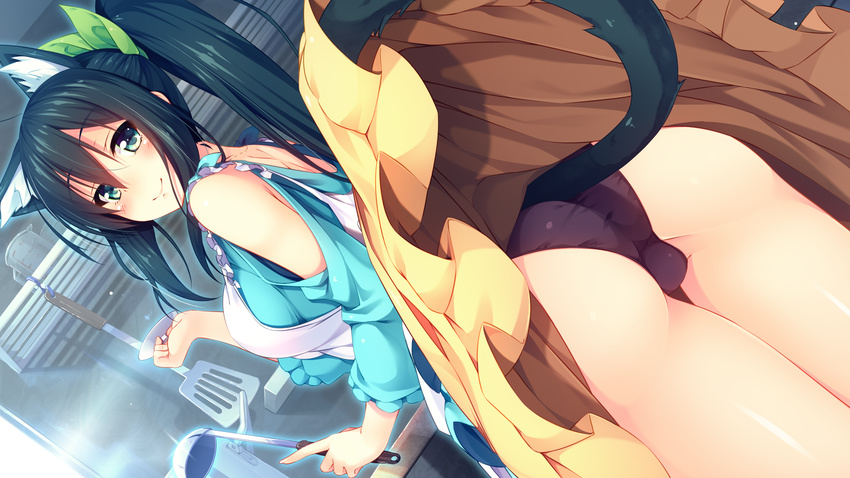 animal_ears apron aristear_remain ass bare_shoulders black_hair black_panties bow cat_ears cat_tail dutch_angle game_cg green_bow green_eyes hair_bow highres himeno_haruka ladle long_hair long_skirt looking_at_viewer looking_back panties ponytail rozea_(graphmelt) sidelocks skirt skirt_lift smile solo tail tail_lift underwear