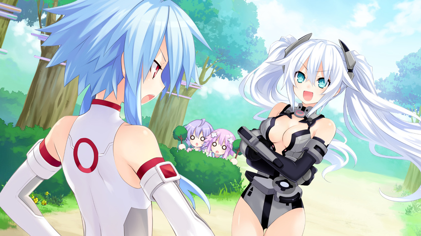 ahoge bangs bare_shoulders black_heart blue_eyes blue_hair breasts cleavage d-pad elbow_gloves game_cg gloves hair_ornament highres kami_jigen_game_neptune_v leotard long_hair medium_breasts multiple_girls neptune_(choujigen_game_neptune) neptune_(series) o_o official_art open_mouth power_symbol pururut red_eyes short_hair_with_long_locks sidelocks smile symbol-shaped_pupils thighhighs tsunako twintails very_long_hair white_hair white_heart