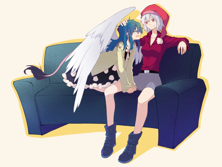 ^_^ blue_hair closed_eyes couch doremy_sweet full_body hand_on_another's_head hat hat_removed headwear_removed highres jacket kishin_sagume ko_kita multiple_girls nightcap open_mouth pom_pom_(clothes) red_eyes short_hair silver_hair sitting skirt smile tail touhou wing_hug wings yuri